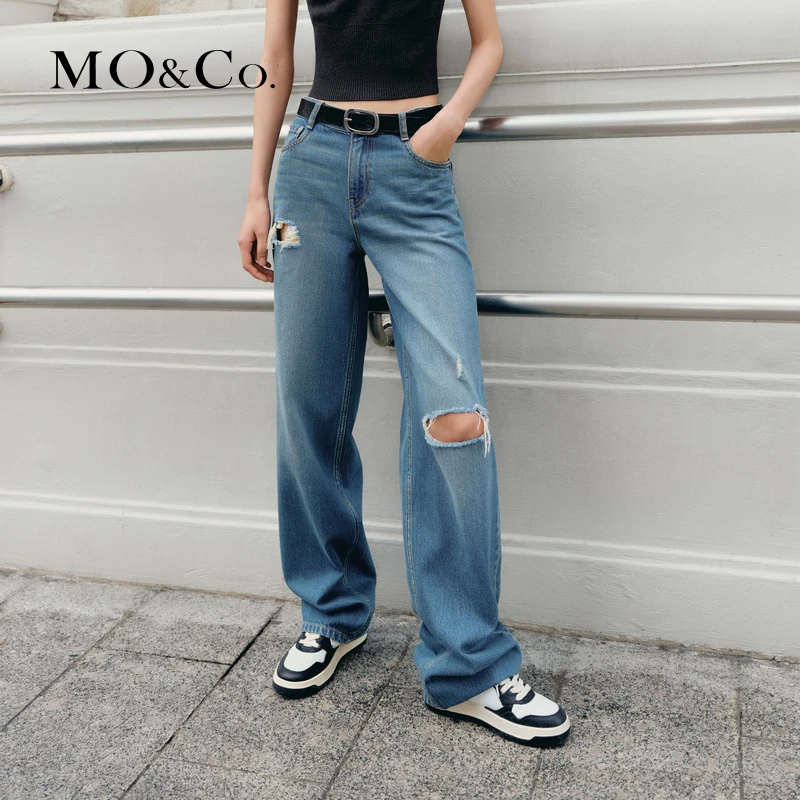 MOCO中腰宽松长直筒破洞牛仔裤美式复古MBC1JENK01