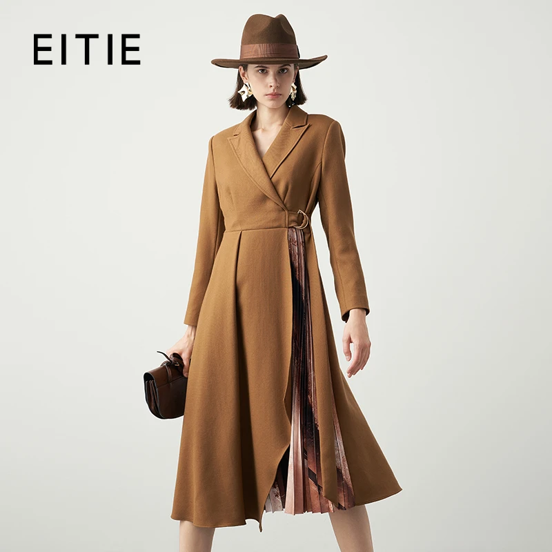 EITIE爱特爱时尚修身经典翻领百褶A字裙摆拼接连衣裙7207922