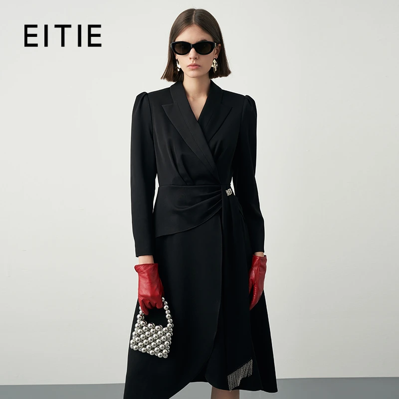EITIE/爱特爱秋季气质时尚翻领收腰黑色连衣裙显瘦裙子7177817