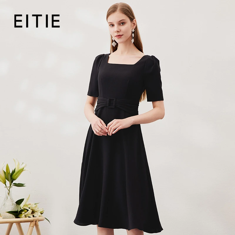 EITIE爱特爱春季方领简约优雅束腰显瘦连衣裙6907636气质小黑裙