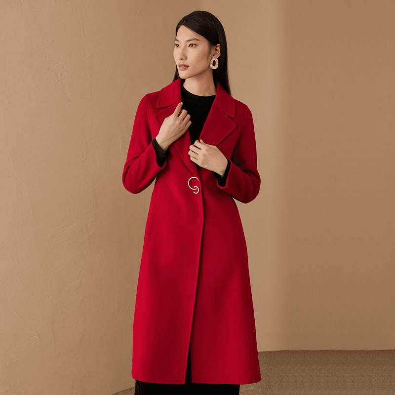 EITIE爱特爱冬季新款时尚气质大翻领收腰秋冬红色呢大衣6814528
