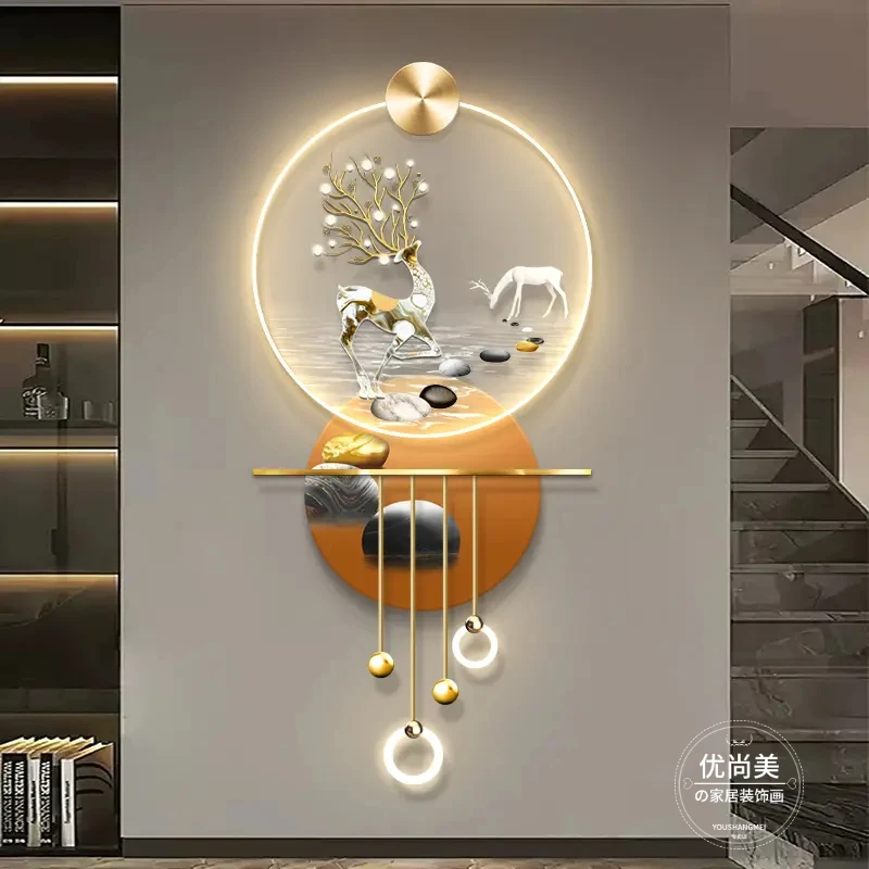 一鹿高升现代轻奢玄关装饰画高档大气走廊过道尽头高级感带灯挂画