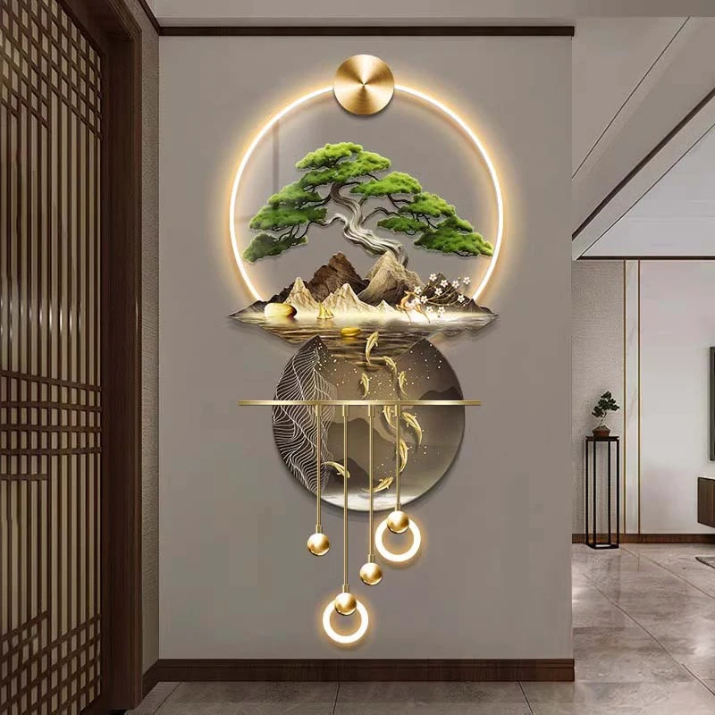 高级感迎客松入户玄关装饰画带灯大气发光壁灯新中式走廊过道挂画