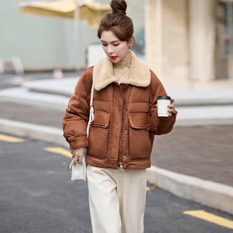 短款羽绒服女女2024冬季新款小个子独特超好看拼皮羊羔毛翻领外套