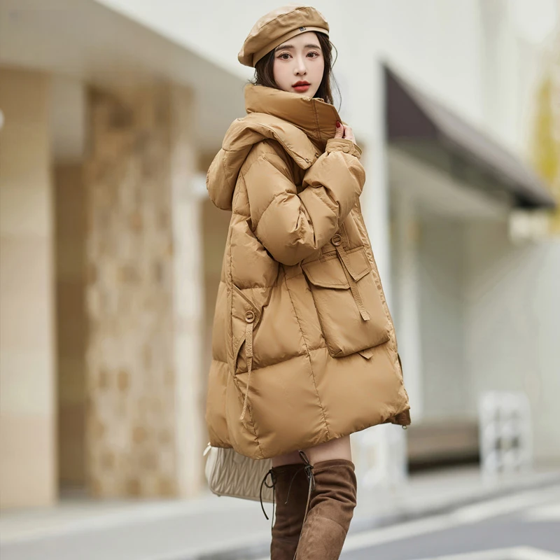 美拉德加厚保暖羽绒服中长款女士减龄冬季新款洋气白鸭绒连帽外套