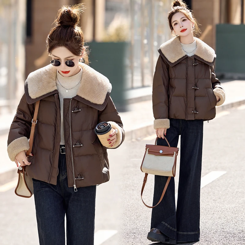 短款羽绒服女冬季小个子高级设计感小众毛绒大翻领拼接白鸭绒外套