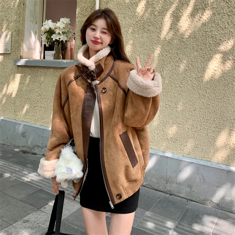 韩系麂皮绒机车服羊羔毛外套女秋冬2024新款皮毛一体棉服美式爆款