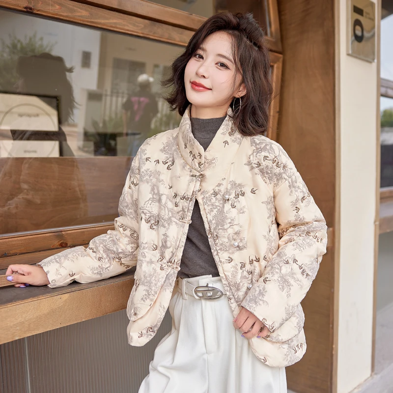 水墨画短款羽绒服女2024冬季新款九江高级感立领洋气刺绣唐装外套