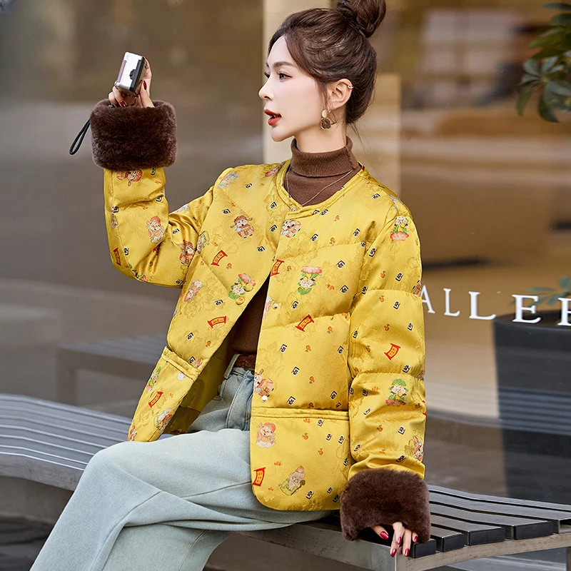 新中式国风羽绒服女冬季短款小个子高级感复古印花加厚白鸭绒外套