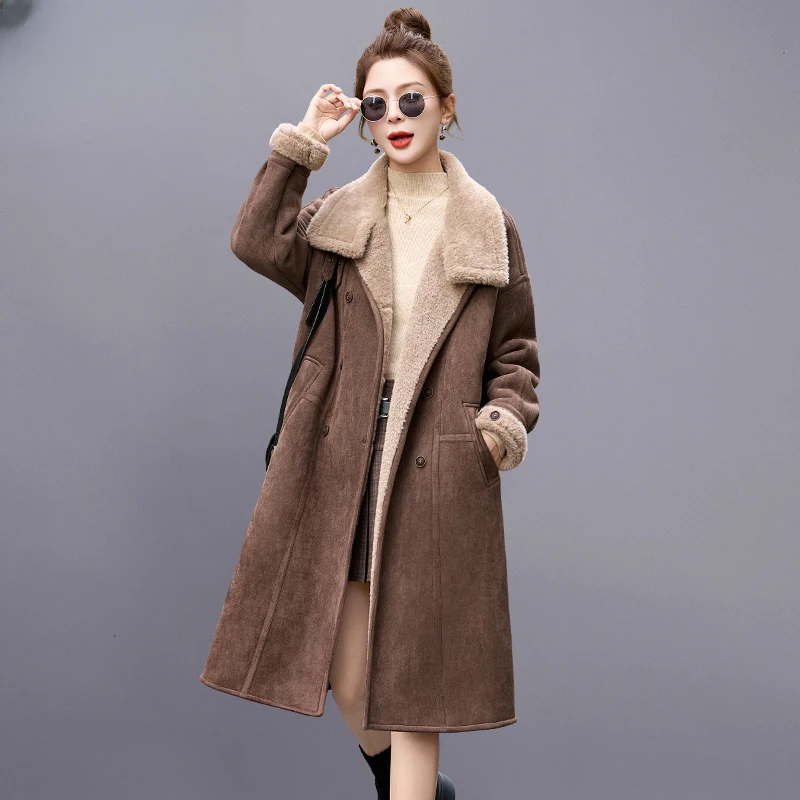 长款皮毛一体羊羔毛鹿皮绒外套女冬2024新款洋气加厚环