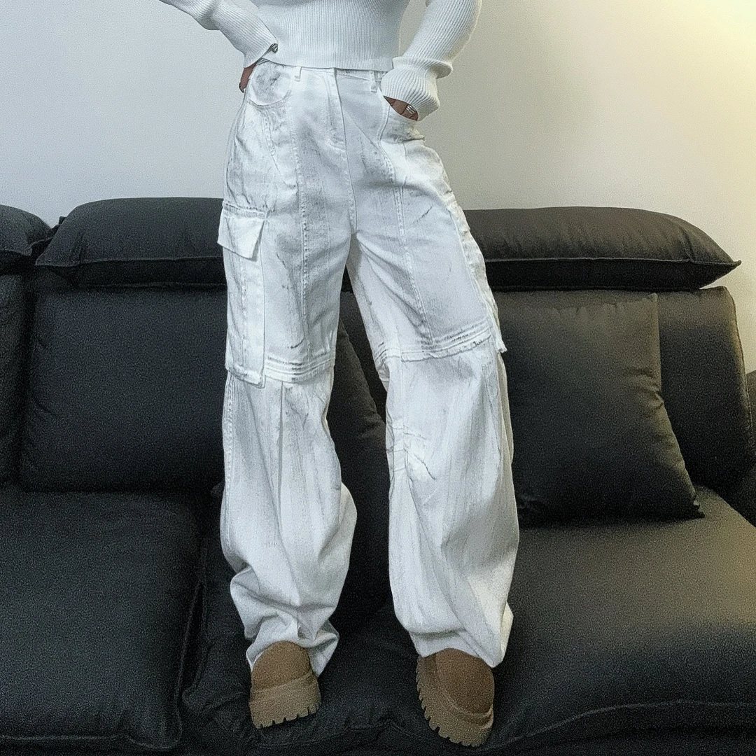 小众美式复古做旧牛仔拖地裤脏染水洗脏脏裤