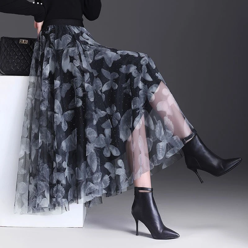 蝴蝶印花网纱半身裙女2023新款高级感显瘦亮片仙女A字大摆纱裙潮