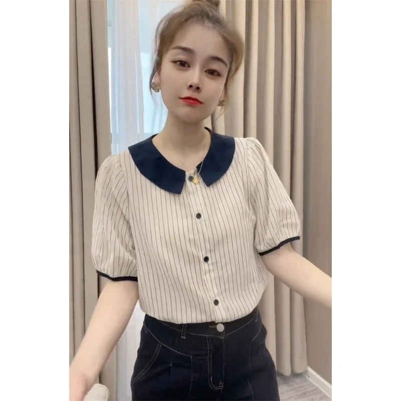 爆款时尚娃娃领短袖衬衫女2024夏季新款休闲显瘦减龄薄款撞色小衫