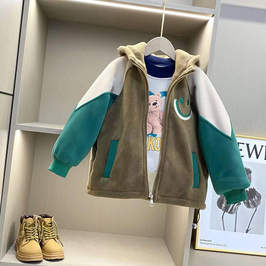 童装加绒加厚胸口笑脸拼色拉链外套秋冬季新款中大童潮开衫卫衣潮