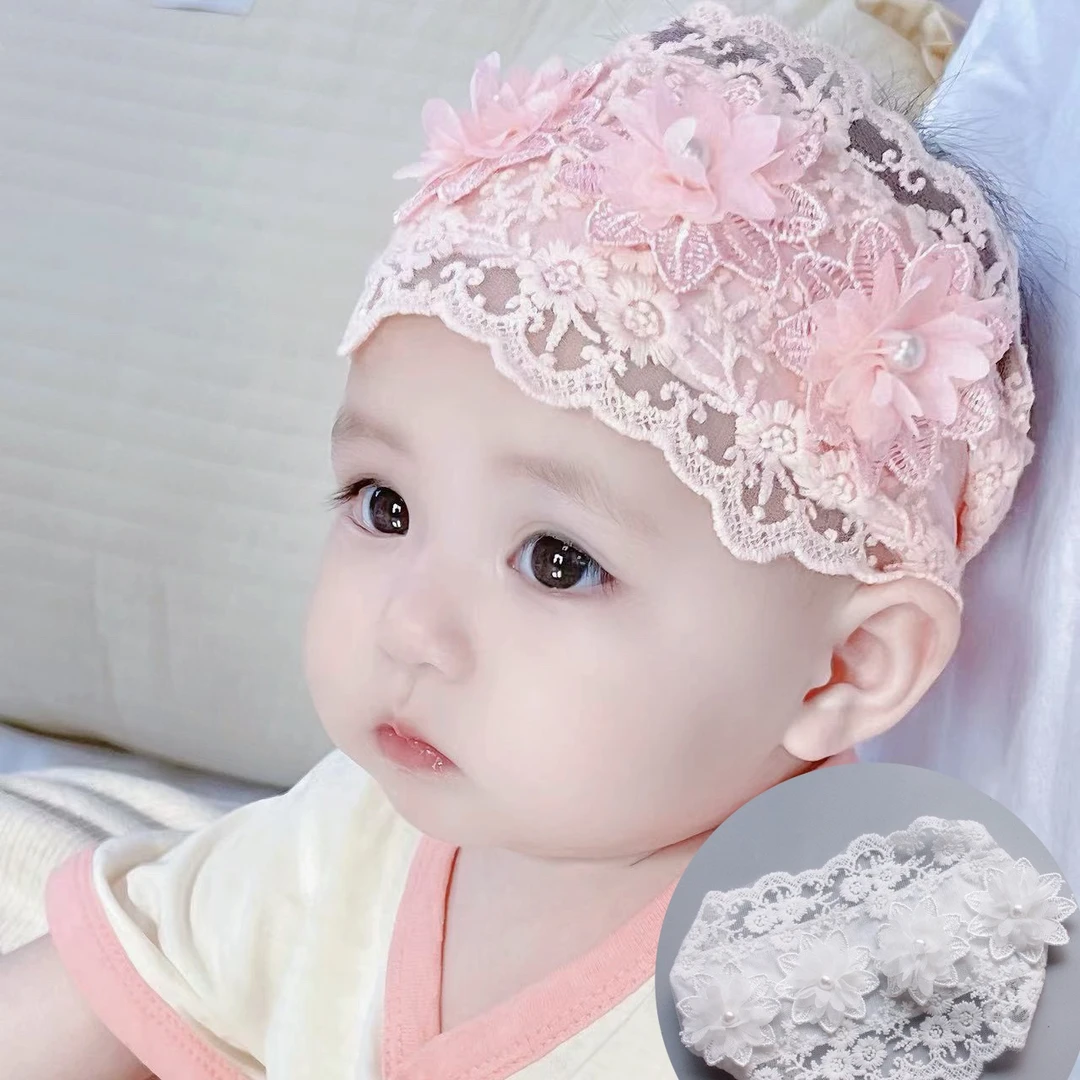 新生婴儿护囟门帽发带蕾丝花朵女宝宝发饰韩国头饰公主头花防受凉