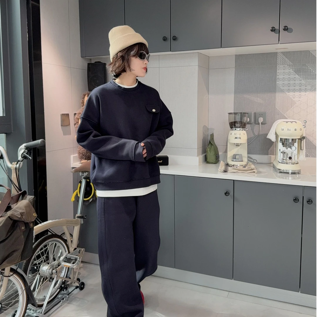 CHA MA GO DO08045|珠地加绒休闲百搭宽松纯色简约小口袋圆领卫衣