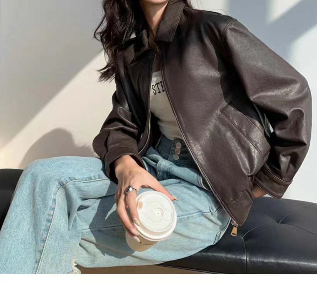 新款真皮绵羊皮植鞣皮外套夹桑蚕丝防风保暖休闲皮衣女机车夹克