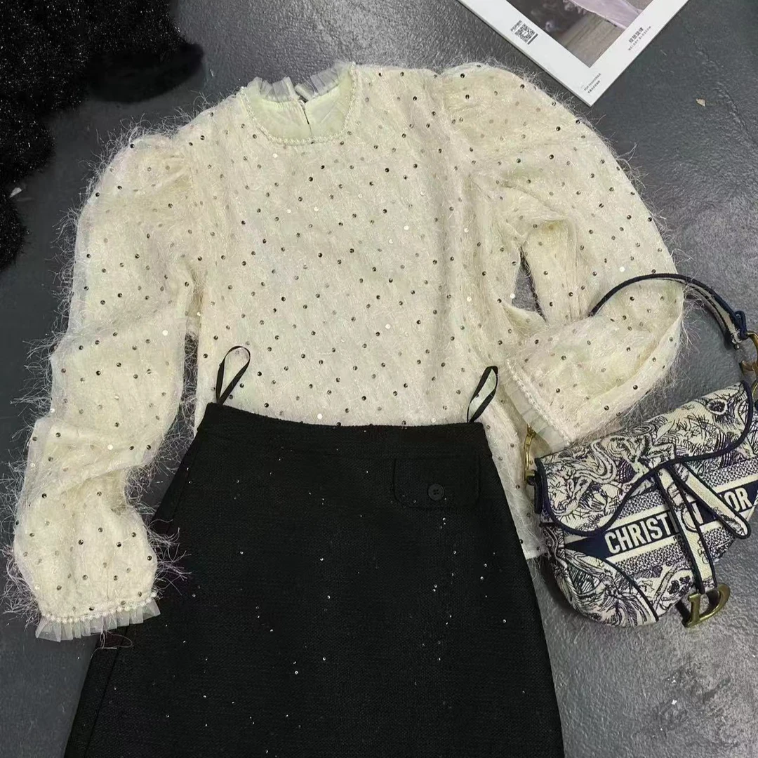 【 雨•美 推荐 】2201米色珍珠领蕾丝边亮片小衫
