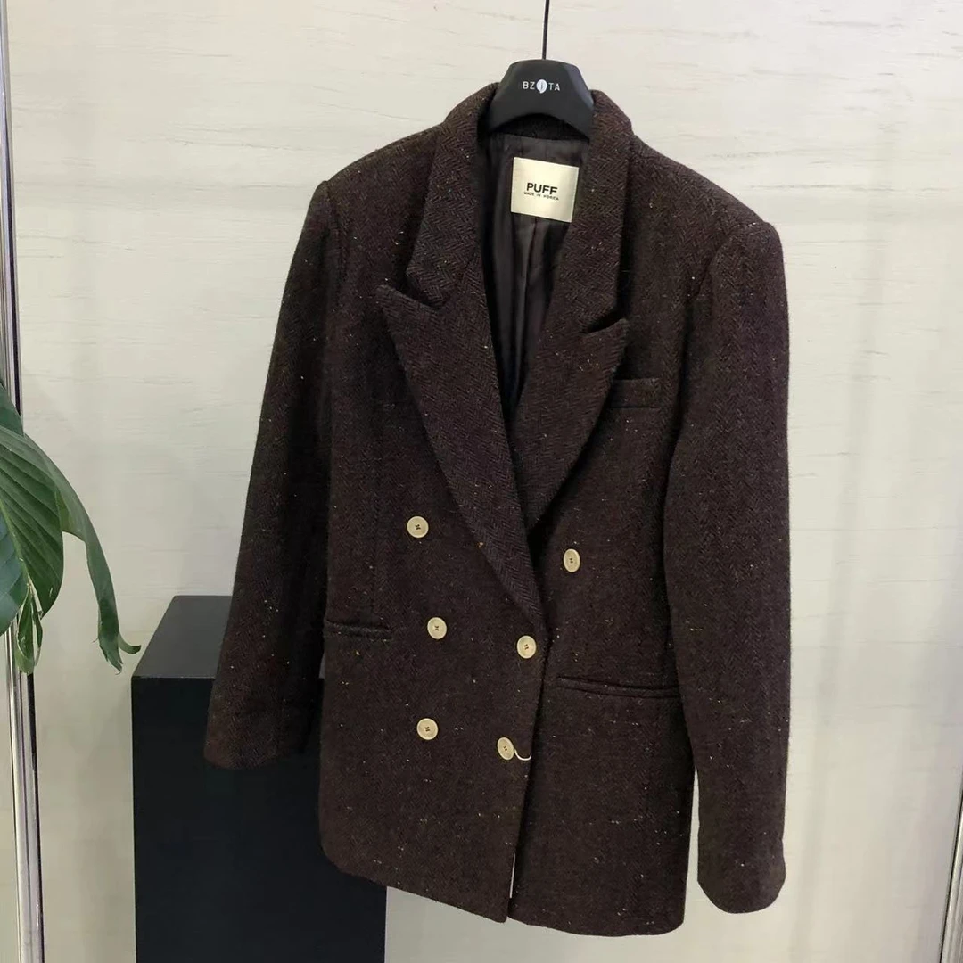 【 雨•美 推荐 】80501咖色韩版简约百搭双排扣西服外套