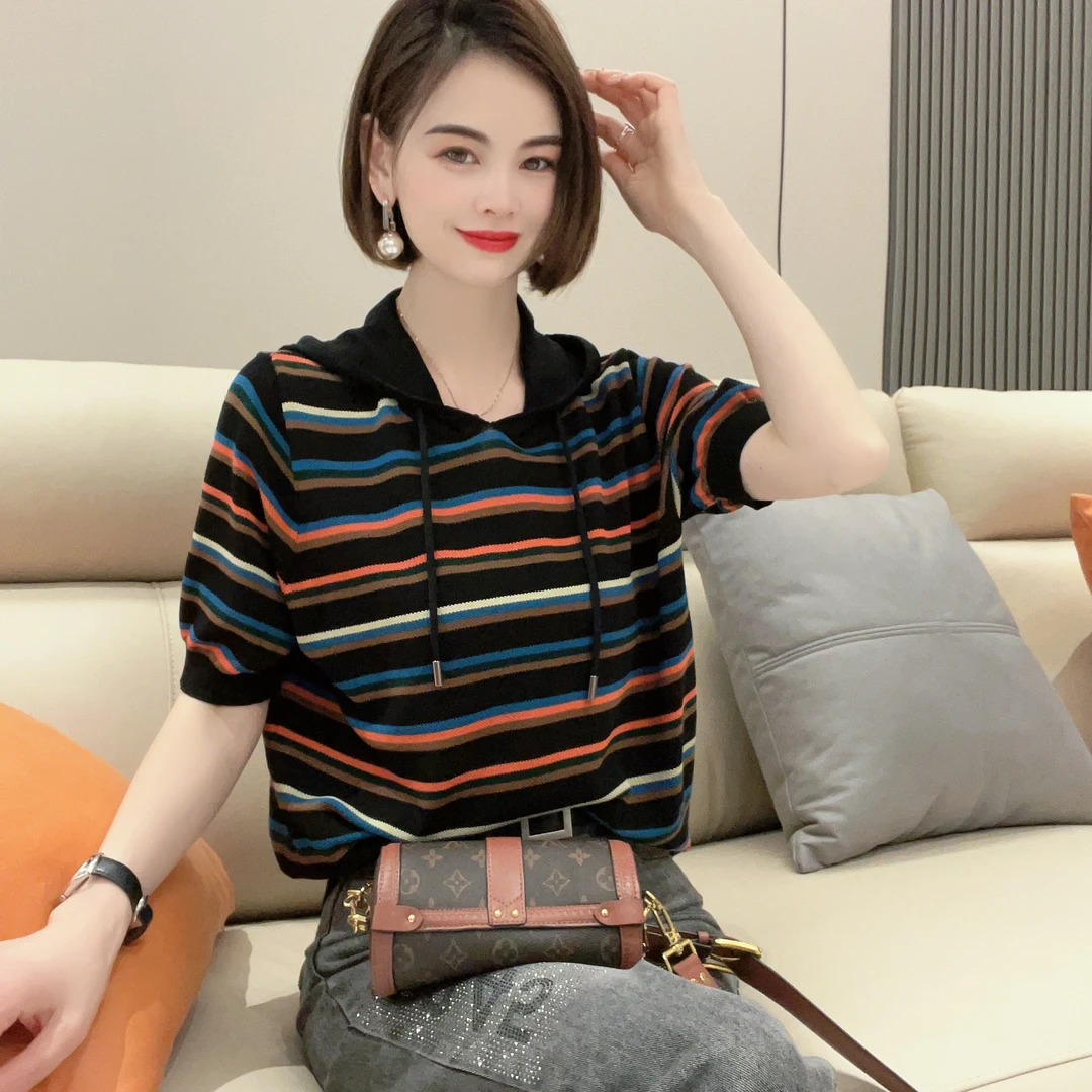 【权燕】034 早秋款连帽条纹针织衫2024款时尚建议显瘦拼色上衣