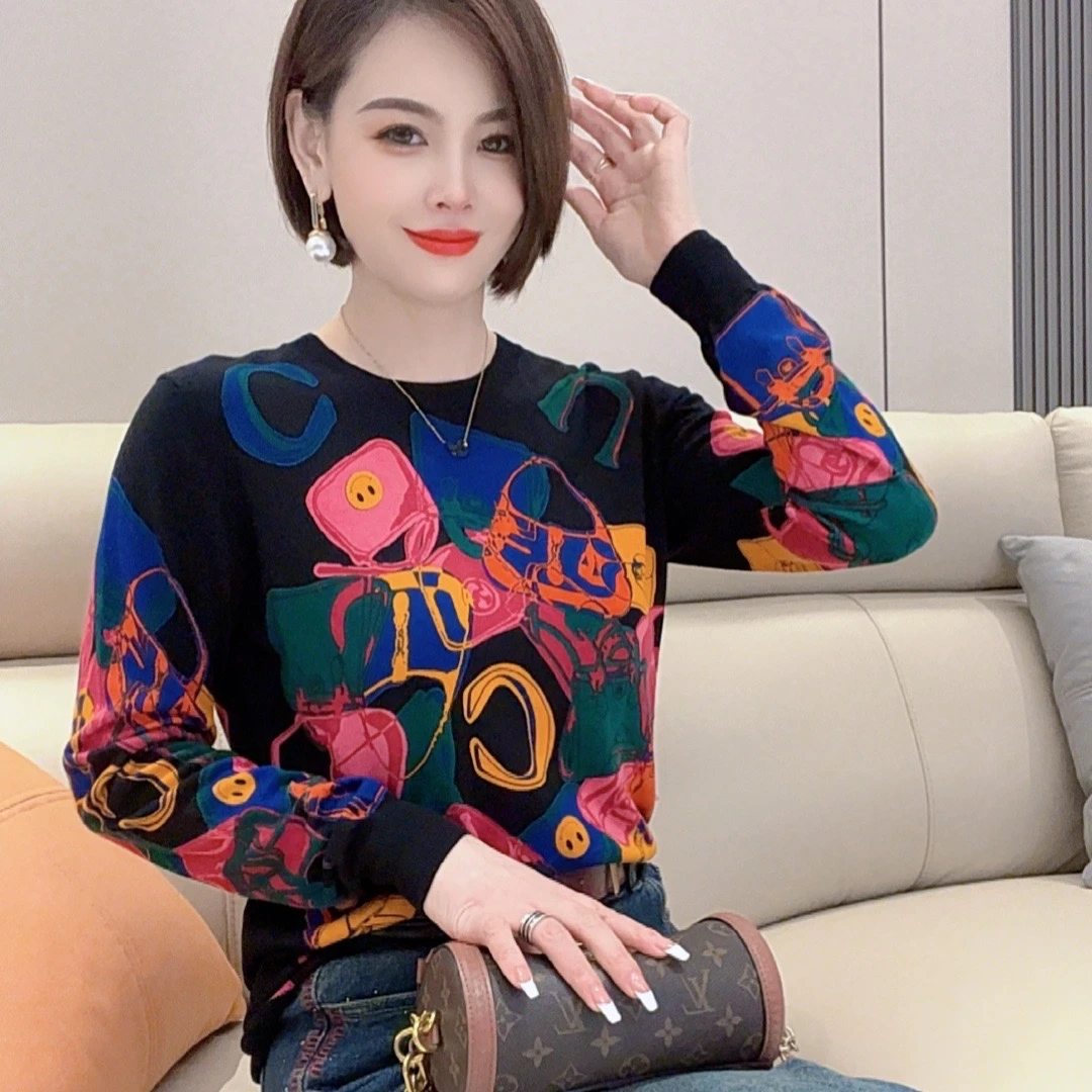 【权燕】029 秋季新款印花针织衫圆领气质显瘦长袖针织上衣