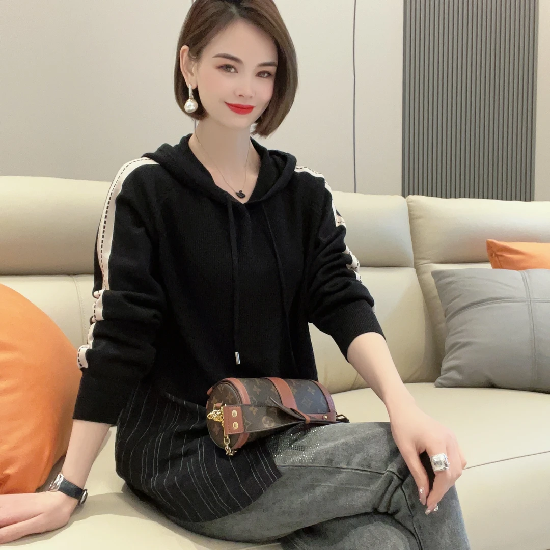 【权燕】019 假两件连帽针织衫气质简约显瘦时尚拼色长袖上衣