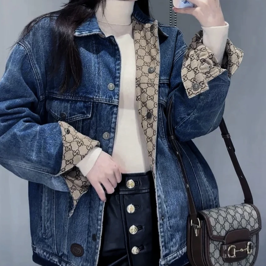全新带盒 古驰Gucci老花满印牛仔外套双面款