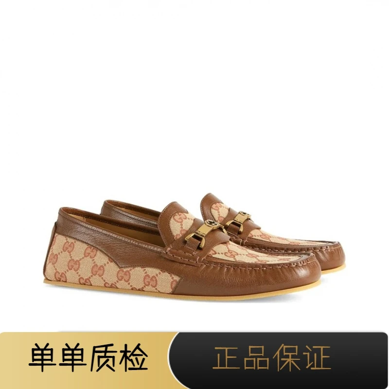 全新未使用Gucci古驰/棕色老花双G金色护扣驾车鞋
