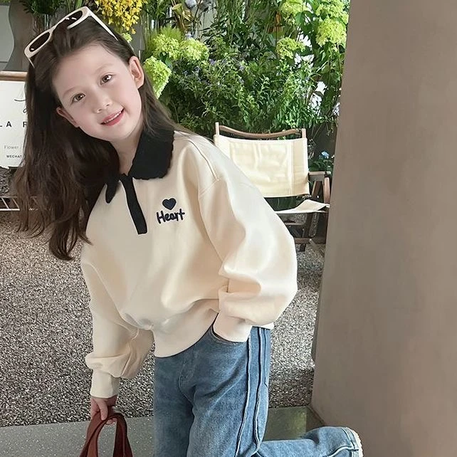 女童2024秋季新款上衣长袖毛毛领POLO衫洋气时尚刺绣学院风百搭