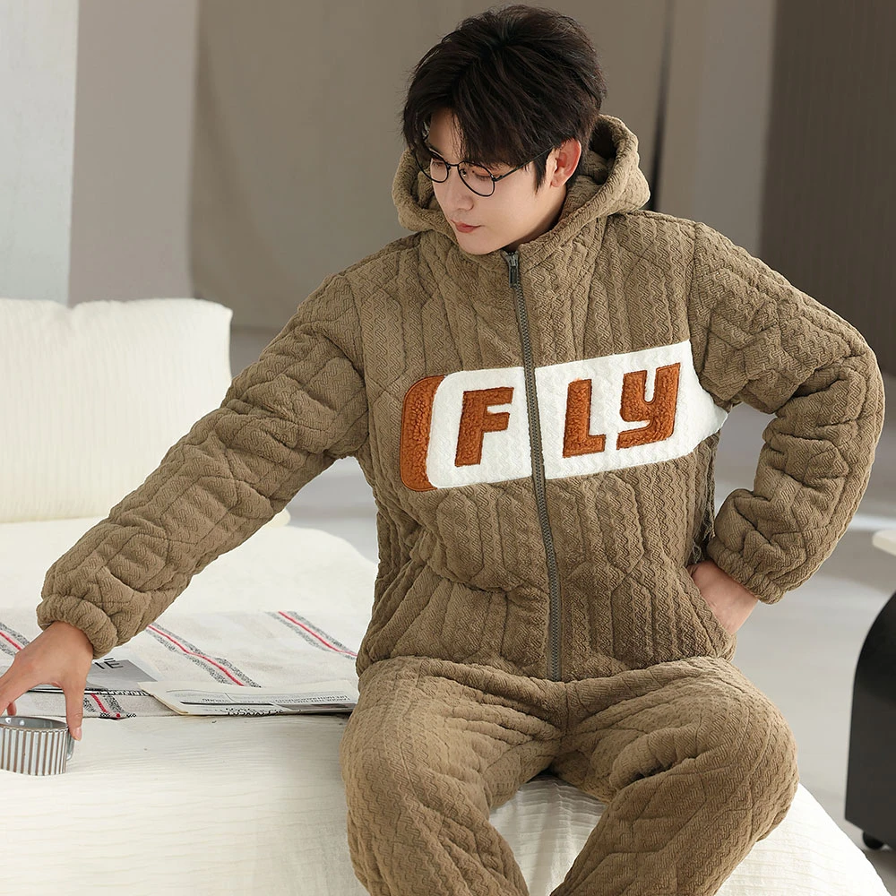 新款男士睡衣三层夹棉套装冬季保暖巨厚拉链连帽刺绣可外出家居服