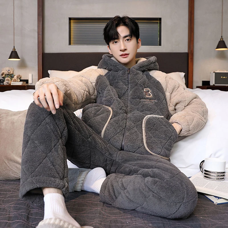 冬季男士三层夹棉睡衣男连帽刺绣加绒加厚学生宽松保暖外穿家居服