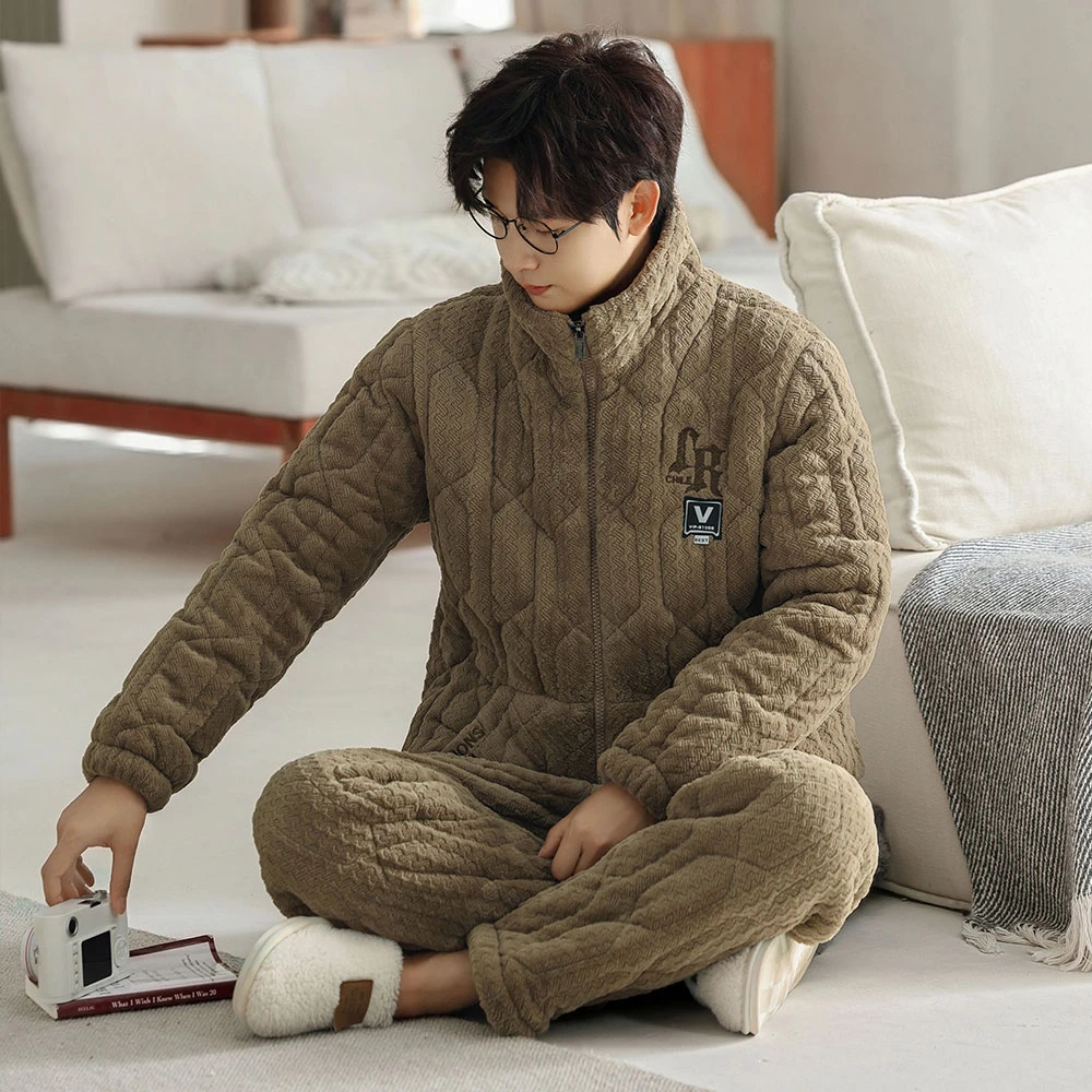 大码冬季巨厚夹棉睡衣可外穿高级简约设计感保暖男士家居服套装