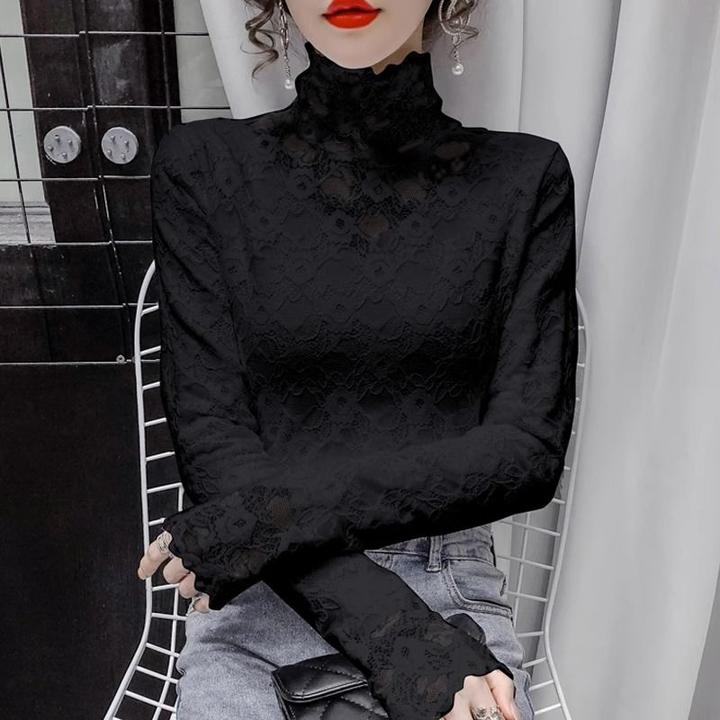 秋冬新款磨毛蕾丝衫女洋气高领加绒加厚打底衫内搭镂空网纱上衣服