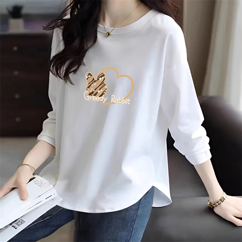 大码女装纯棉长袖t恤女2024春秋新款胖mm宽松显瘦遮肚子内搭上衣