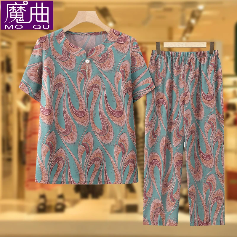 妈妈夏装套装中老年女装新款T恤奶奶装夏季洋气短袖老人太太衣服