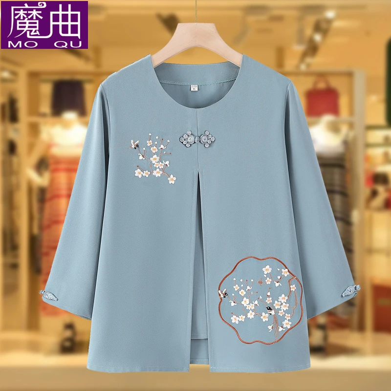 50-60岁妈妈洋气衣服中老年女装休闲上衣老奶奶装夏季假两件衣服