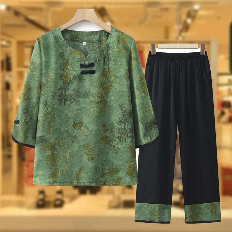 中老年人夏装套装女奶奶半袖T恤妈妈宽松衣服老太太夏天透气小衫