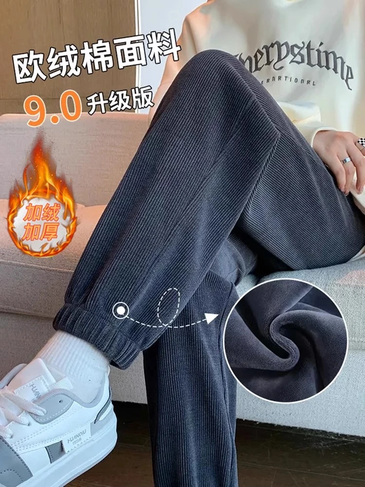 秋冬2024新款雪尼尔宽松哈伦裤小个子休闲百搭裤加绒束脚显瘦卫裤