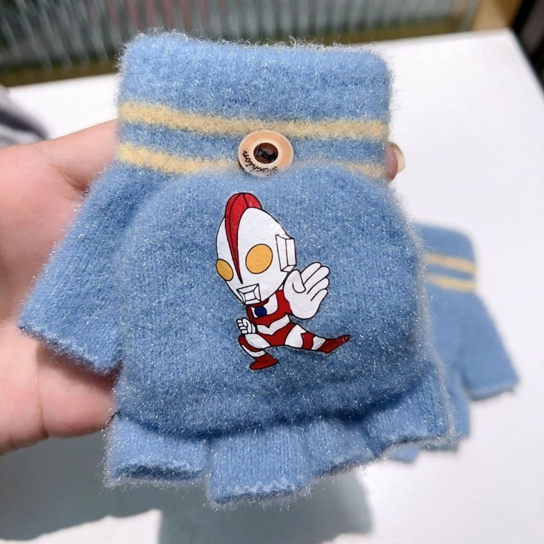 儿童冬季新款加厚保暖两用半指翻盖手套卡通奥特曼男女孩防寒手套