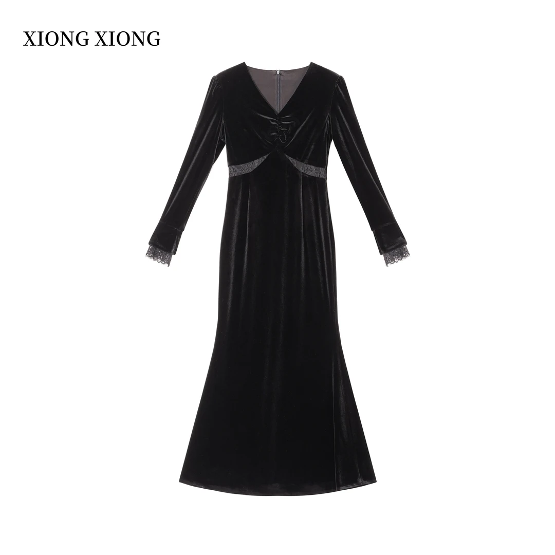 【熊熊服饰】黑色高级感长袖金丝绒连衣裙网纱露腰显瘦包臀中长裙