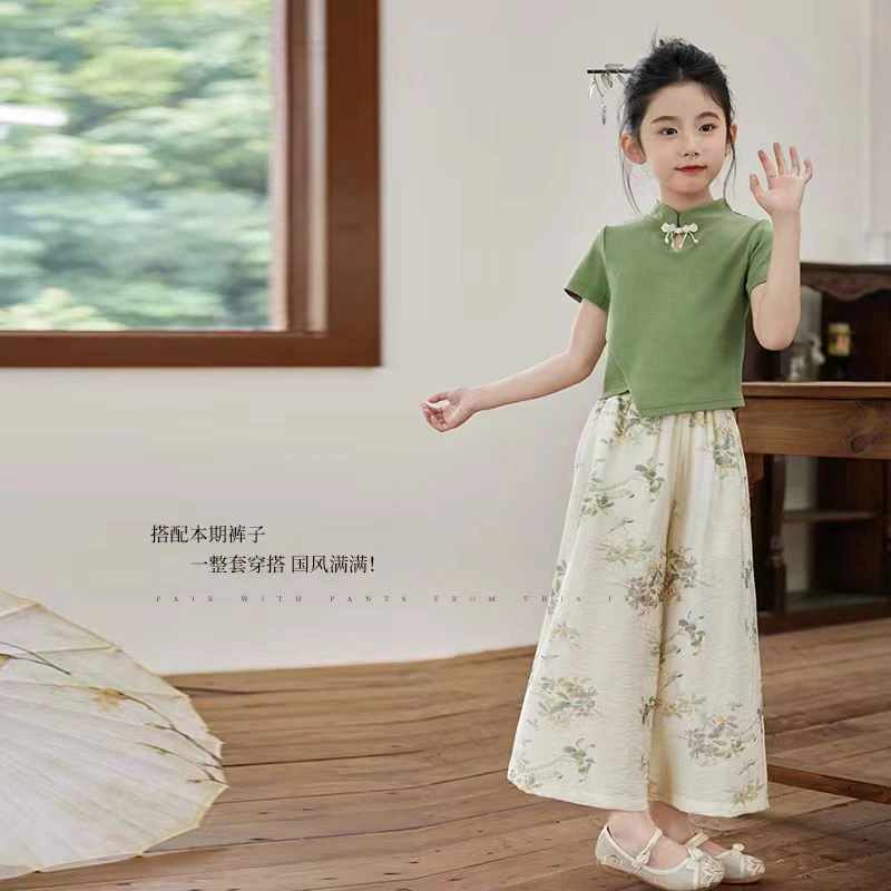 女童夏季中式国风套装2025新款中大童复古短袖儿童长裤两件套夏装