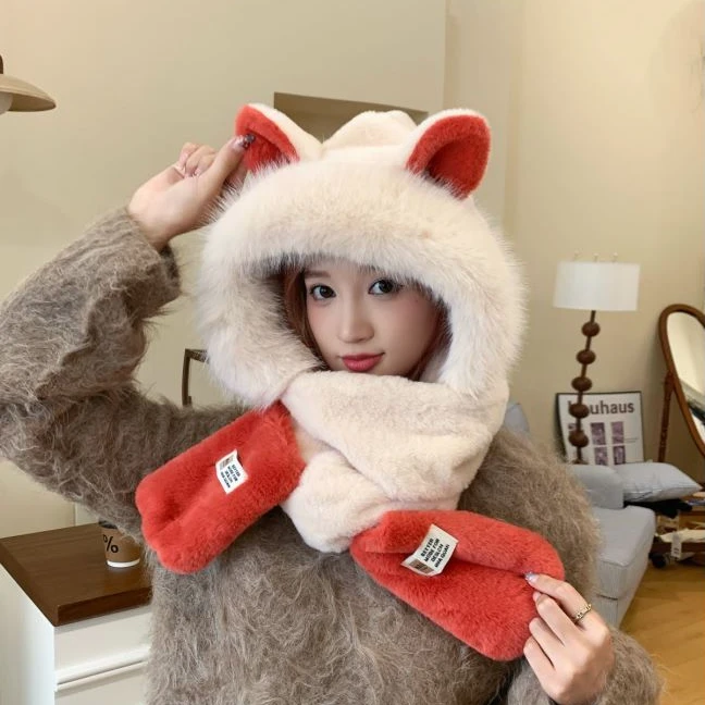 冬天火狐狸耳朵帽子围巾手套一体毛茸茸加厚保暖护耳三件套帽子女