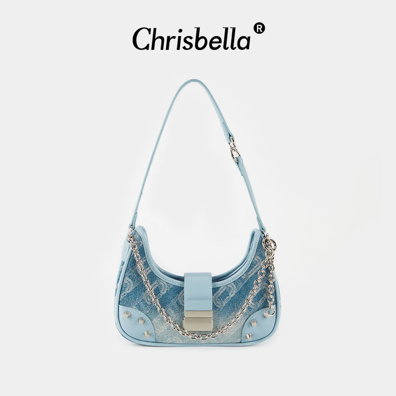 CHRISBELLA新款铆钉月牙形链条日常通勤单肩斜挎包