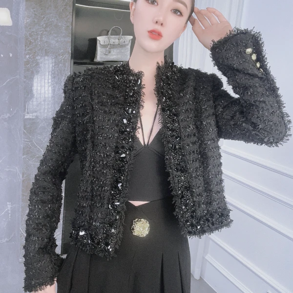 【YINYUE/小香外套】新款小香风纯黑酷飒感上衣外套23278