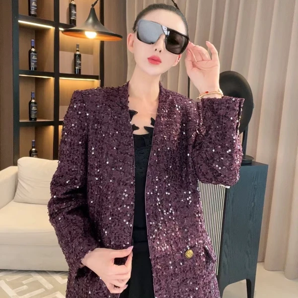 【宝姐家/大衣】秋冬新款气质金扣亮片夹棉时尚厚款女大衣24613