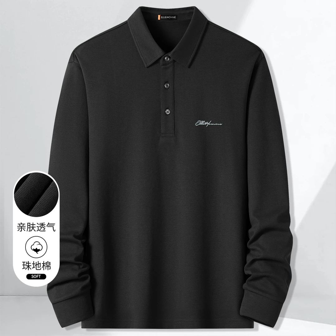 ELLE HOMME 巴黎轻奢高支珠地棉男士长袖POLO衫方领上衣打底418