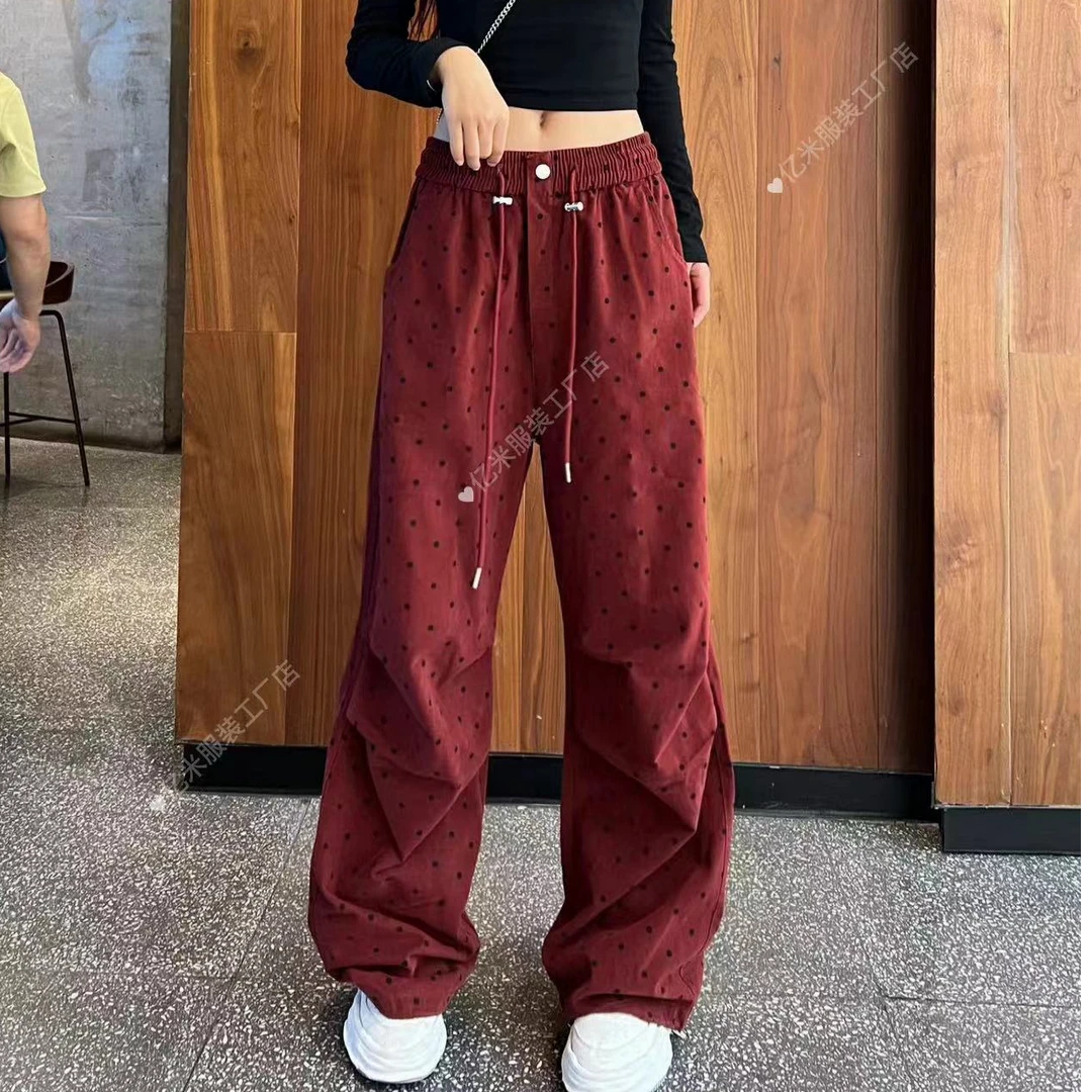 （潮九九.精选）2024春季新款波点高腰抽绳直筒复古阔腿工装裤