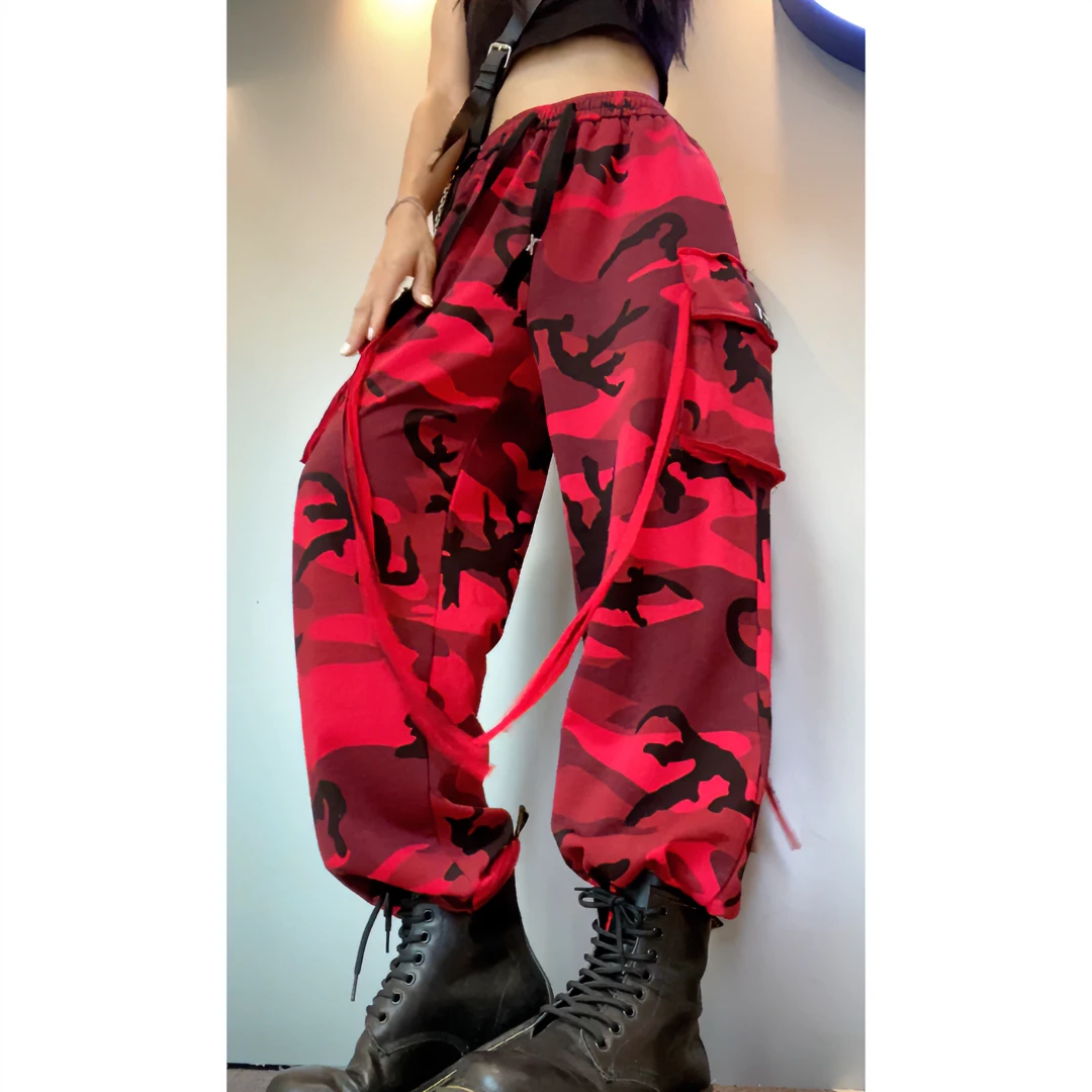 （潮九九.精选）春季复古风炸街迷彩直筒工装裤（下脚可抽绳）