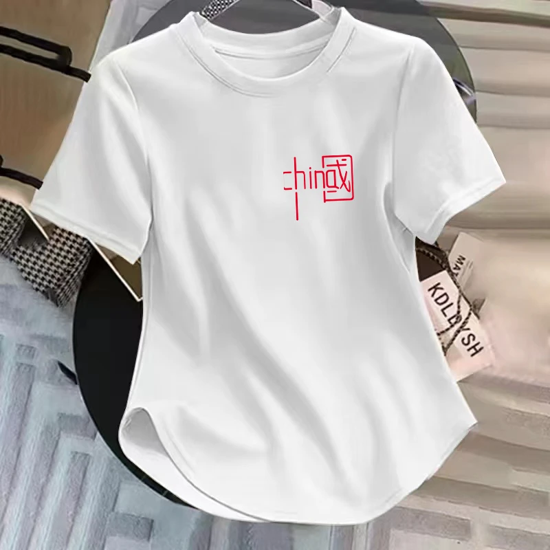 正肩夏季新款女士短袖2024百搭下摆弧形上衣大码显瘦T恤体恤