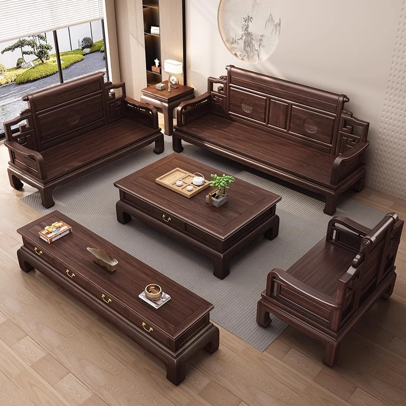 816菠萝格木全实木沙发卷书雕花仿古冬夏两用全套客厅沙发